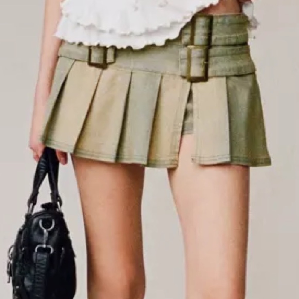 Y2K Belted Denim Pleated Mini Skirt